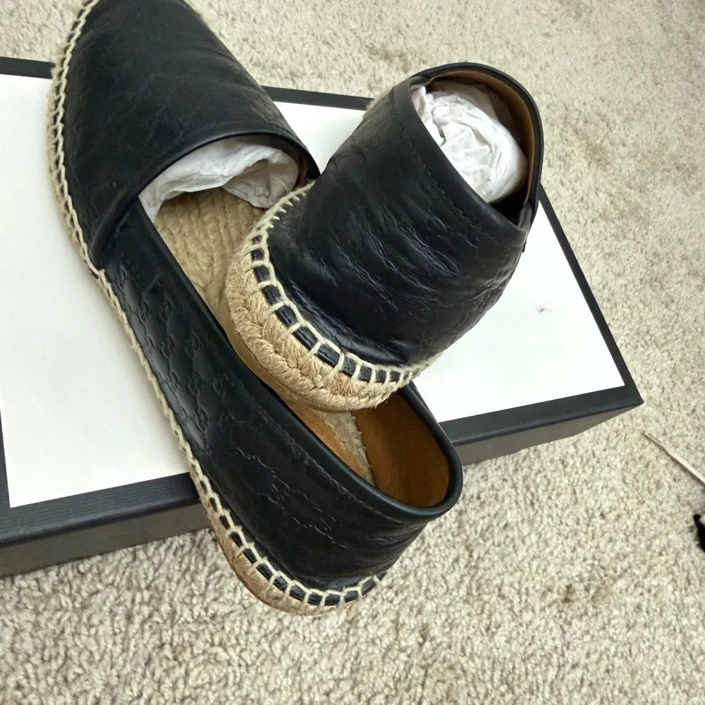 Gucci Black Embossed Leather Espadrilles